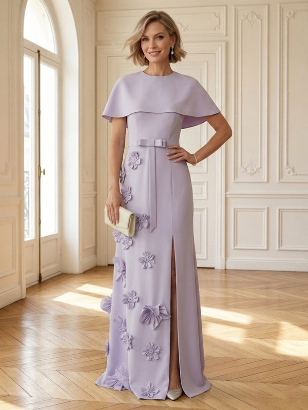 Satin Column Round Neck Long Mother of the Bride Dresses with Cape