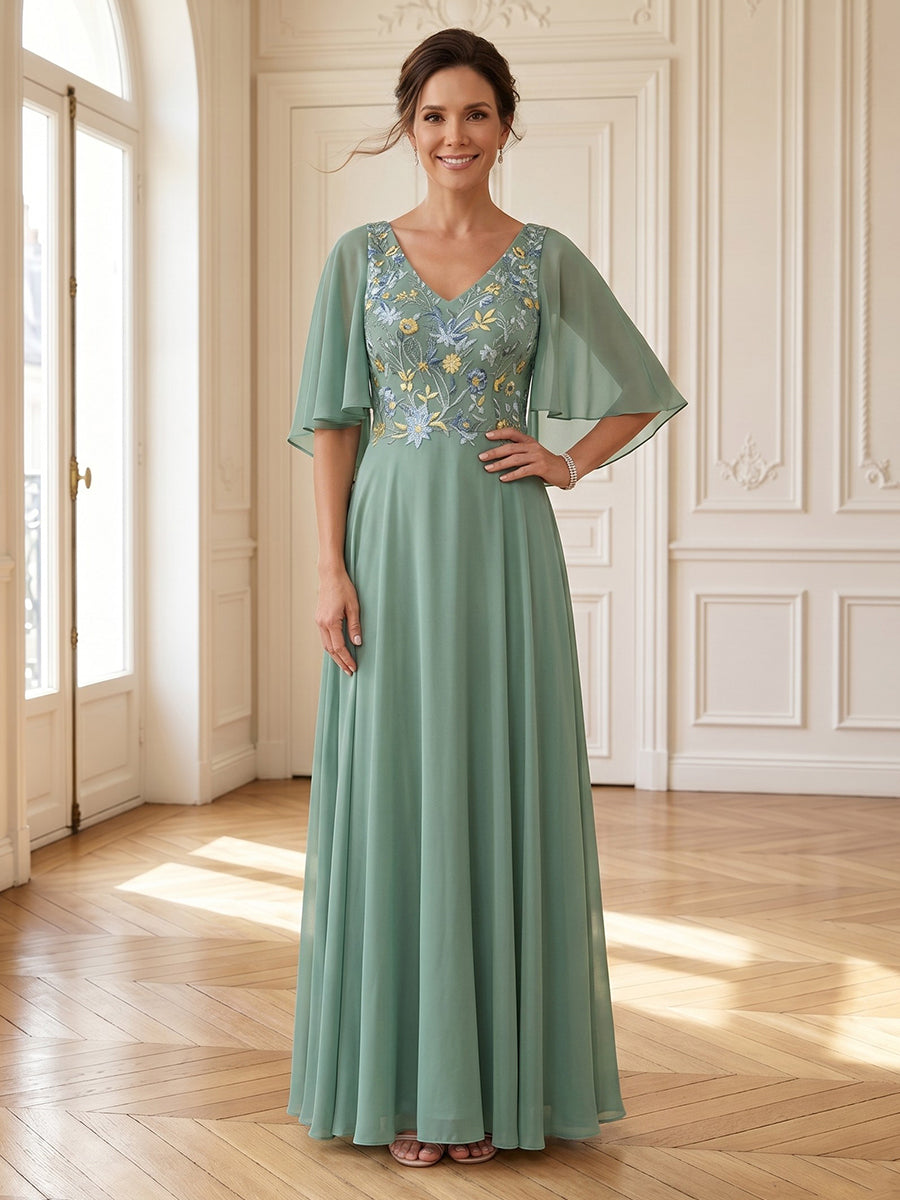A Line V Neck Short Sleeves Long Mother of the Bride Dresses
