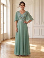 A Line V Neck Short Sleeves Long Mother of the Bride Dresses