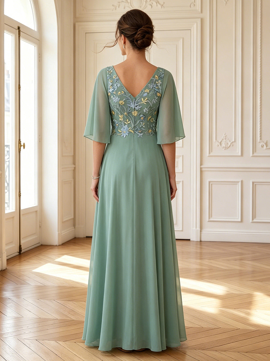 A Line V Neck Short Sleeves Long Mother of the Bride Dresses