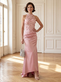 Mermaid High Neck Sleeveless Long Mother of the Bride Dresses with Flower