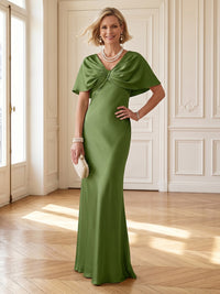 Mermaid V Neck Short Sleeves Long Mother of the Bride Dresses
