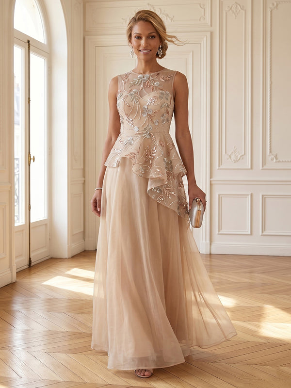 A Line Round Neck Sleeveless Long Mother of the Bride Dresses
