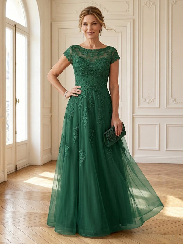 A Line Round Neck Short Sleeves Long Mother of the Bride Dresses