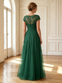 A Line Round Neck Short Sleeves Long Mother of the Bride Dresses
