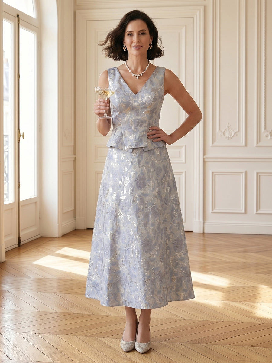 A Line V Neck Sleeveless Midi Length Mother of the Bride Dresses