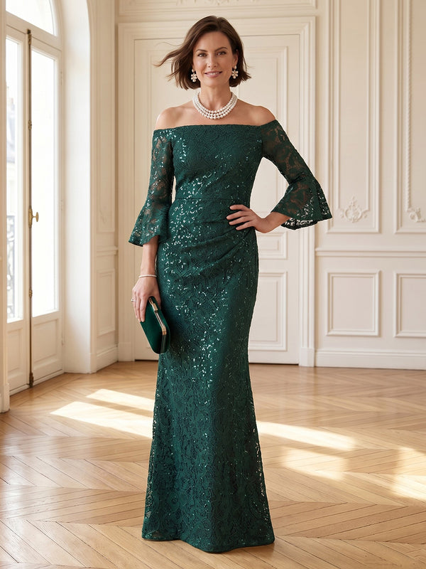 Mermaid Off Shoulder 3/4 Sleeves Long Mother of the Bride Dresses