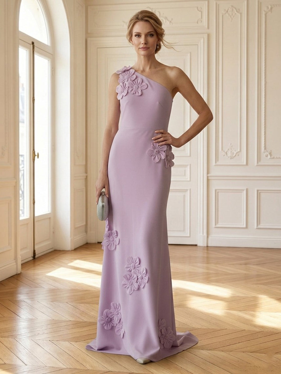 Mermaid One Shoulder Sleeveless Long Mother of the Bride Dresses with Flower