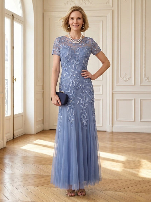 A Line Round Neck Short Sleeves Long Mother of the Bride Dresses