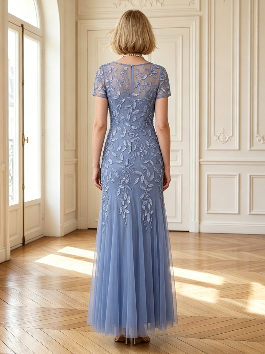 A Line Round Neck Short Sleeves Long Mother of the Bride Dresses