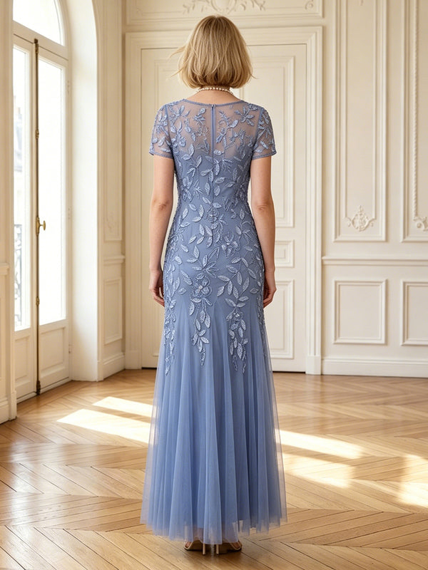 A Line Round Neck Short Sleeves Long Mother of the Bride Dresses