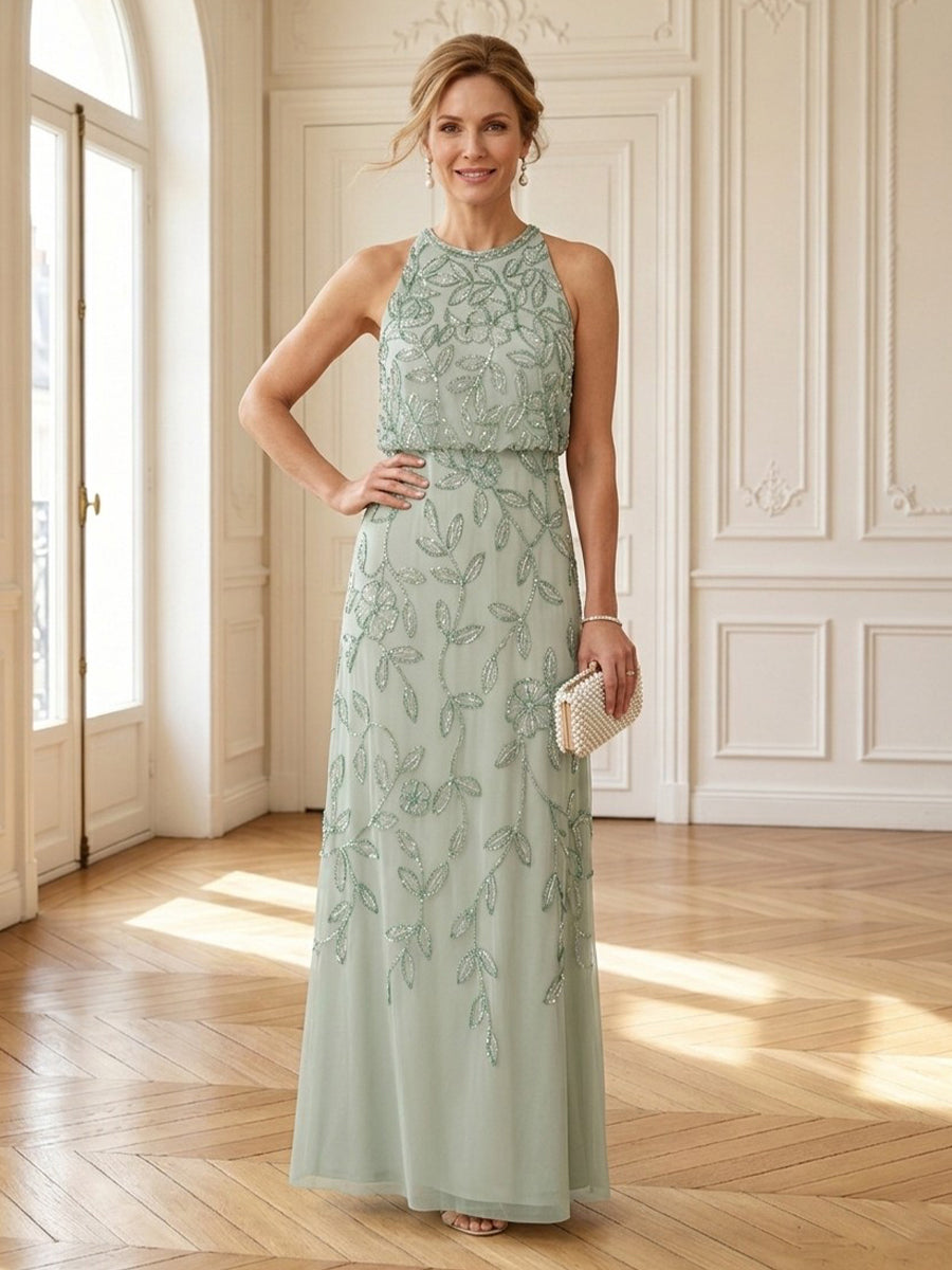 Column Round Neck Sleeveless Long Mother of the Bride Dresses