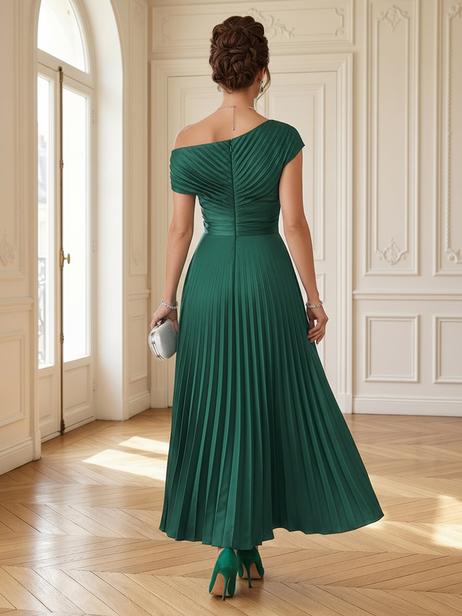 A Line One Shoulder Sleeveless Long Pleated Mother of the Bride Dresses