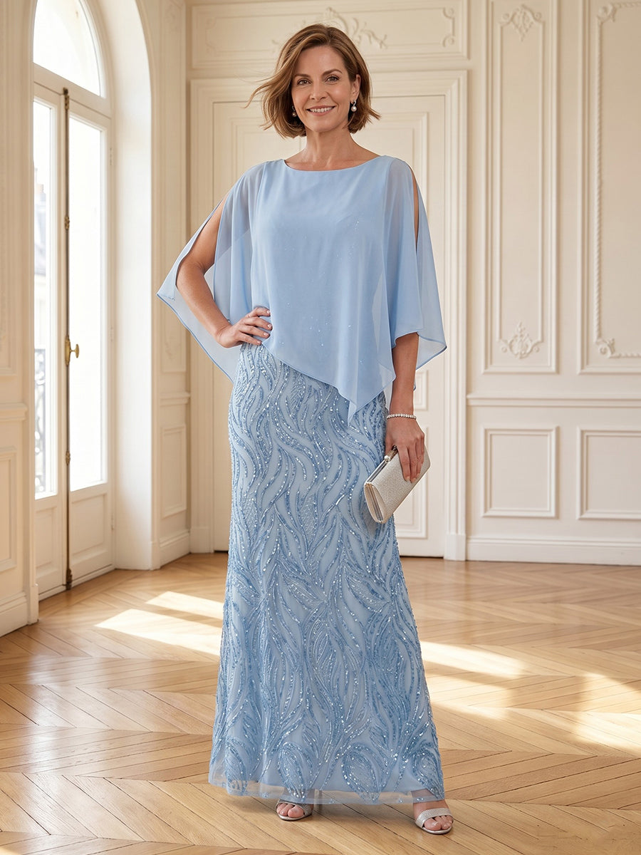 Column Round Neck Sleeveless Long Mother of the Bride Dresses with Cape