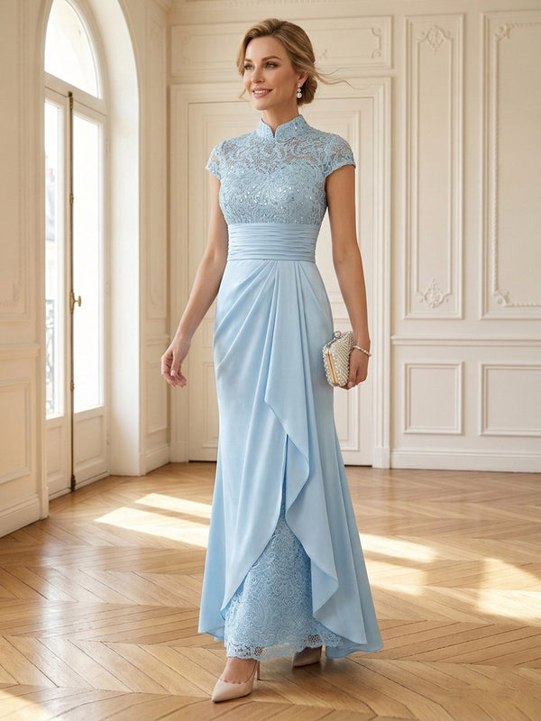 Mermaid High Neck Short Sleeves Long Mother of the Bride Dresses