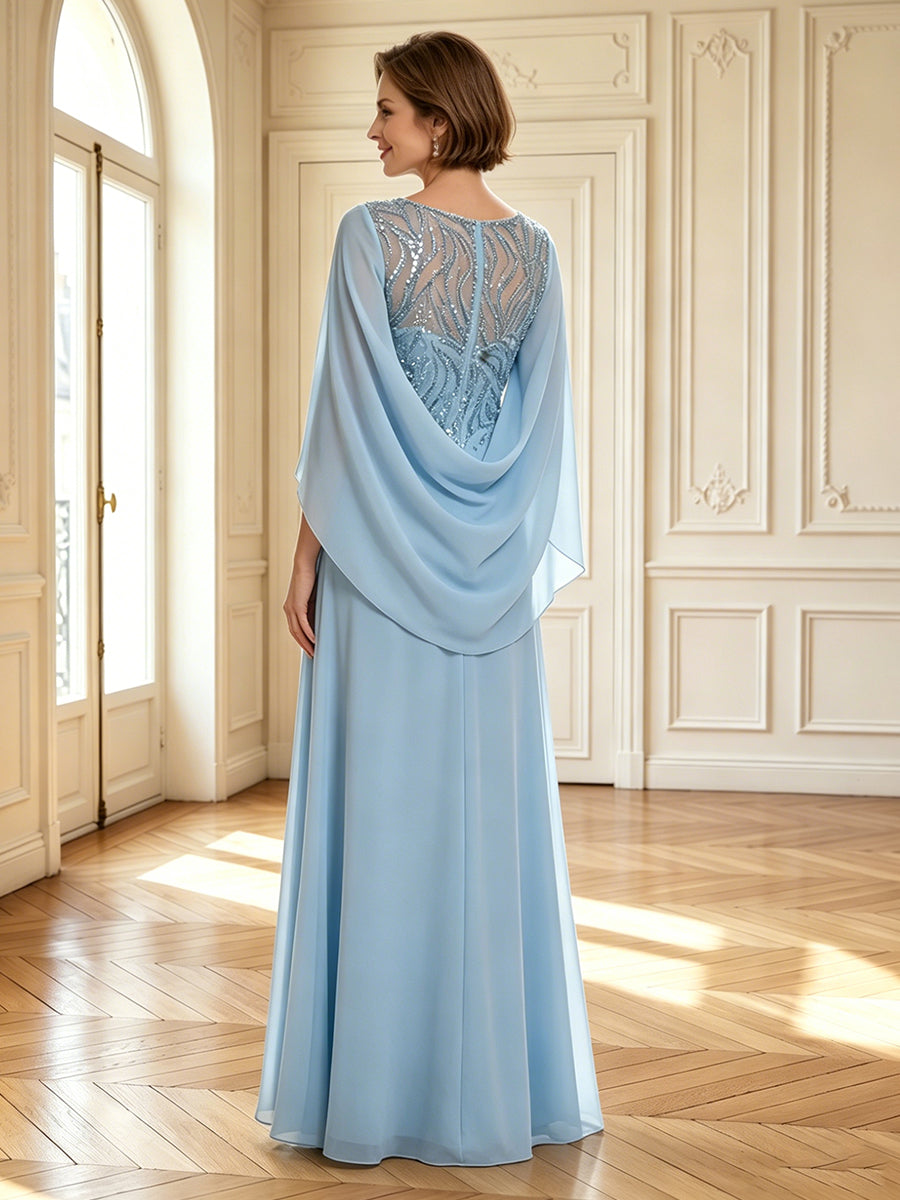 A Line Round Neck Sleeveless Long Mother of the Bride Dresses with Cape