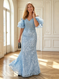 Mermaid V Neck Short Sleeves Long Mother of the Bride Dresses