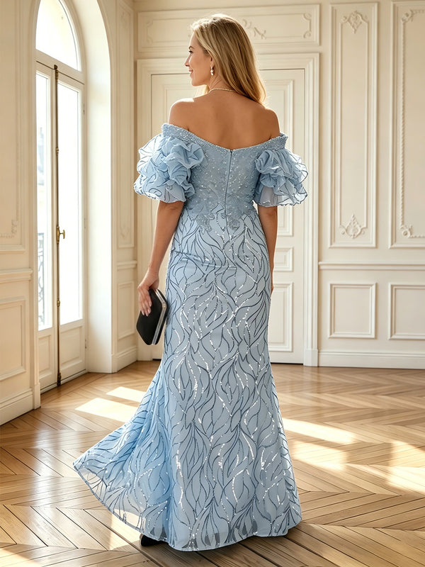 Mermaid V Neck Short Sleeves Long Mother of the Bride Dresses