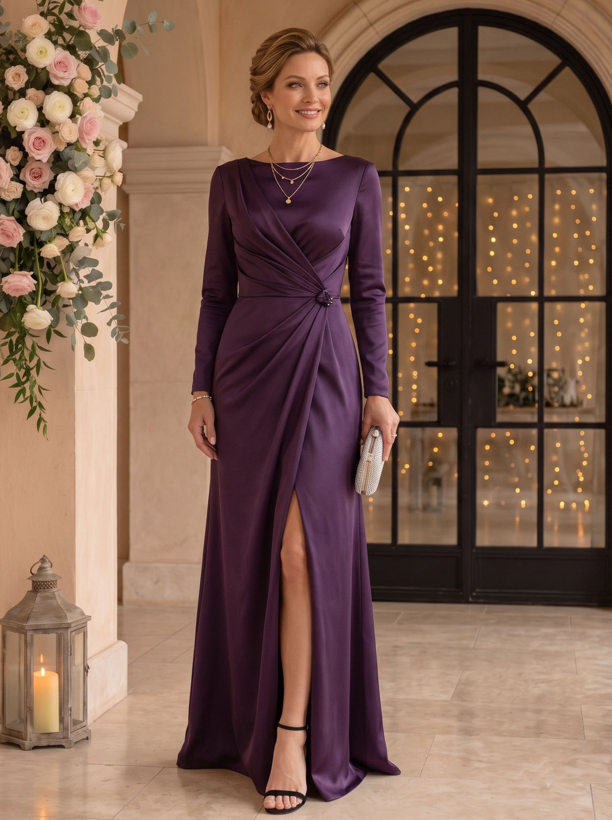A Line Boat Neck Long Sleeves Satin Mother of the Bride Dresses