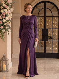 A Line Boat Neck Long Sleeves Satin Mother of the Bride Dresses