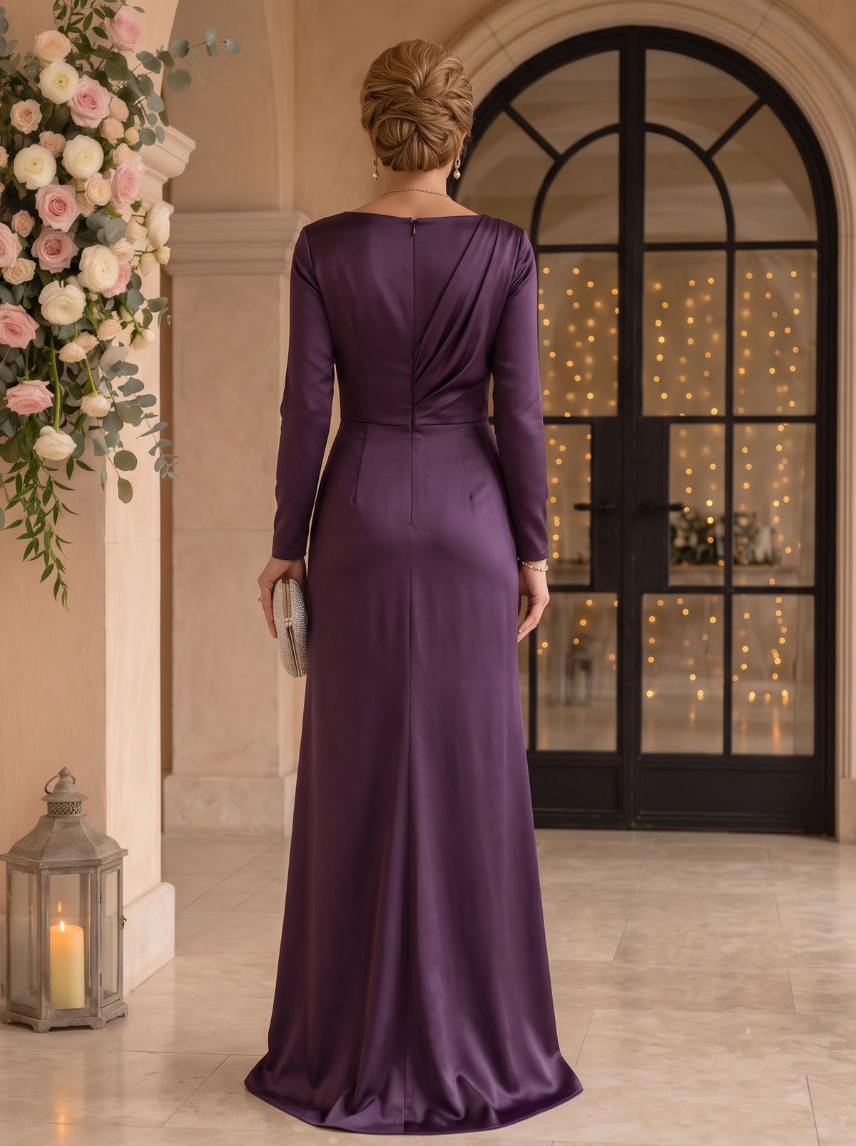 A Line Boat Neck Long Sleeves Satin Mother of the Bride Dresses
