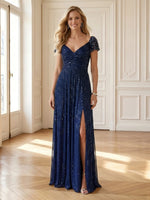 A Line Sequin V Neck Short Sleeves Long Mother of the Bride Dresses