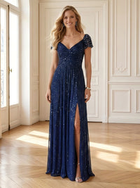 A Line Sequin V Neck Short Sleeves Long Mother of the Bride Dresses