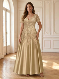 A Line Satin V Neck Short Sleeves Long Mother of the Bride Dresses