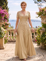 A Line Satin V Neck Short Sleeves Long Mother of the Bride Dresses