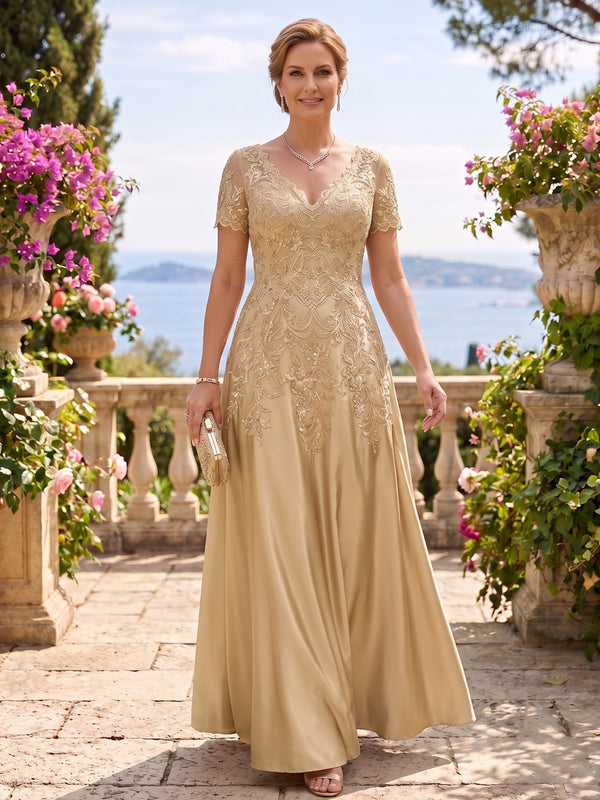 A Line Satin V Neck Short Sleeves Long Mother of the Bride Dresses