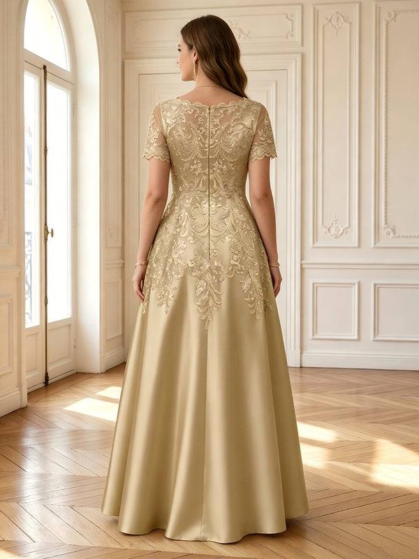 A Line Satin V Neck Short Sleeves Long Mother of the Bride Dresses