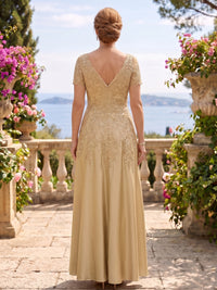A Line Satin V Neck Short Sleeves Long Mother of the Bride Dresses
