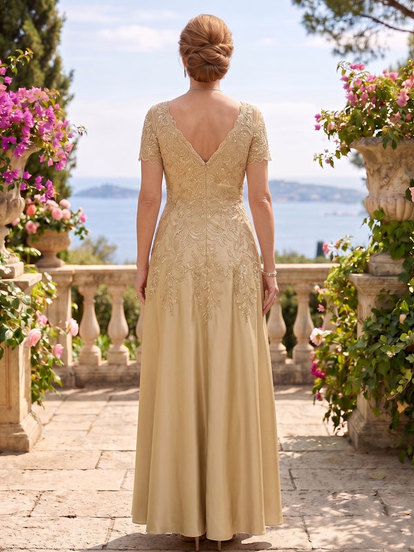 A Line Satin V Neck Short Sleeves Long Mother of the Bride Dresses