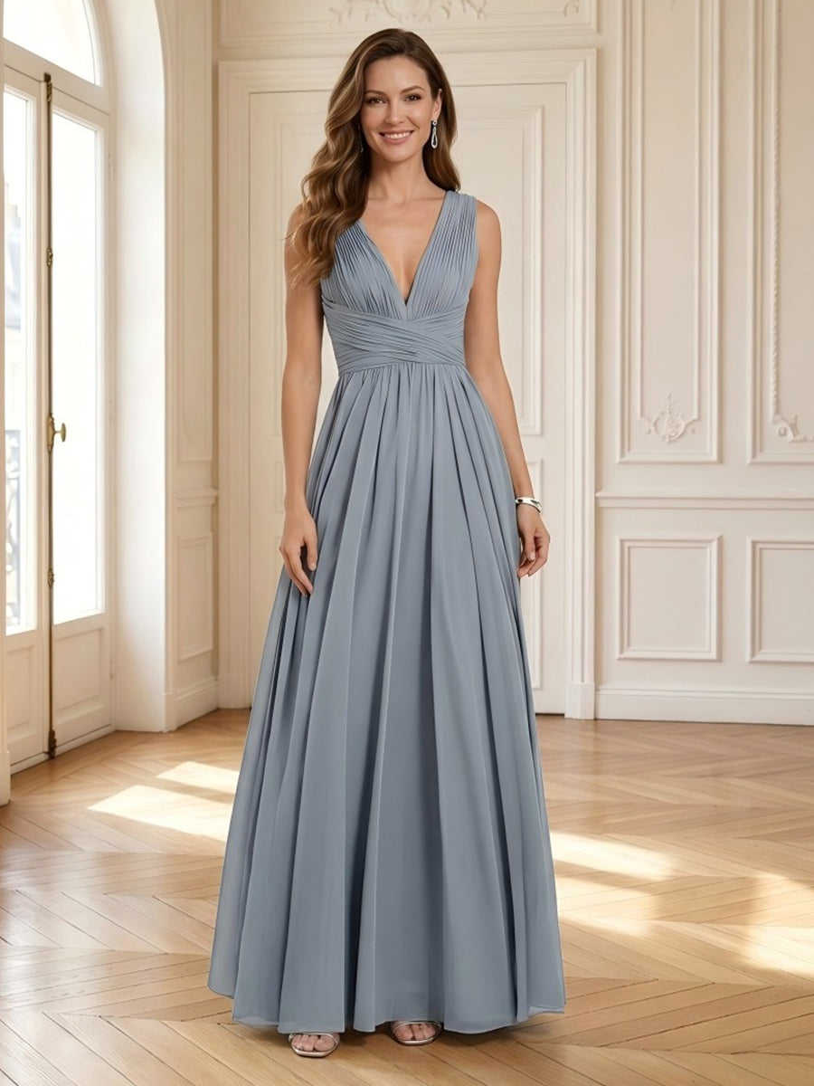 A Line Chiffon Deep V Neck Sleeveless Mother of the Bride Dresses