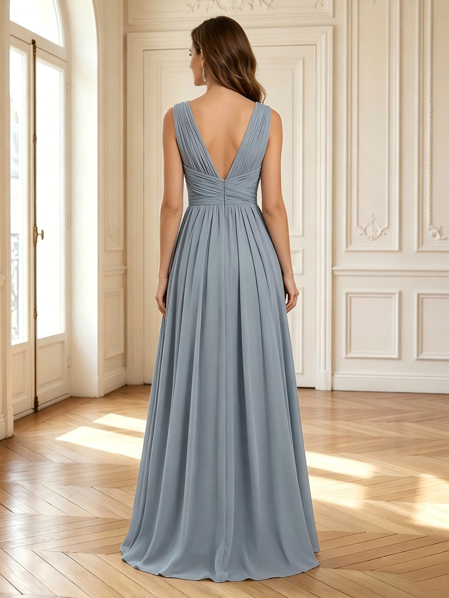 A Line Chiffon Deep V Neck Sleeveless Mother of the Bride Dresses