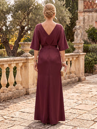 Satin Short Sleeves Mermaid Mother of the Bride/Groom Dresses with 3D Flower V Neck Split Floor Length