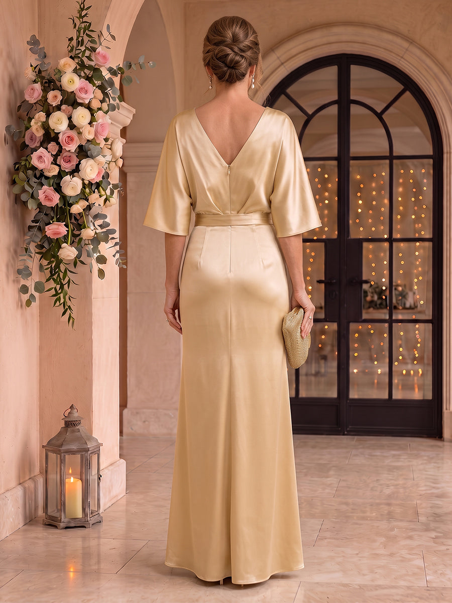 Short Sleeves Satin Mermaid Mother of the Bride/Groom Dresses with Slit 3D Flower V Neck Floor Length