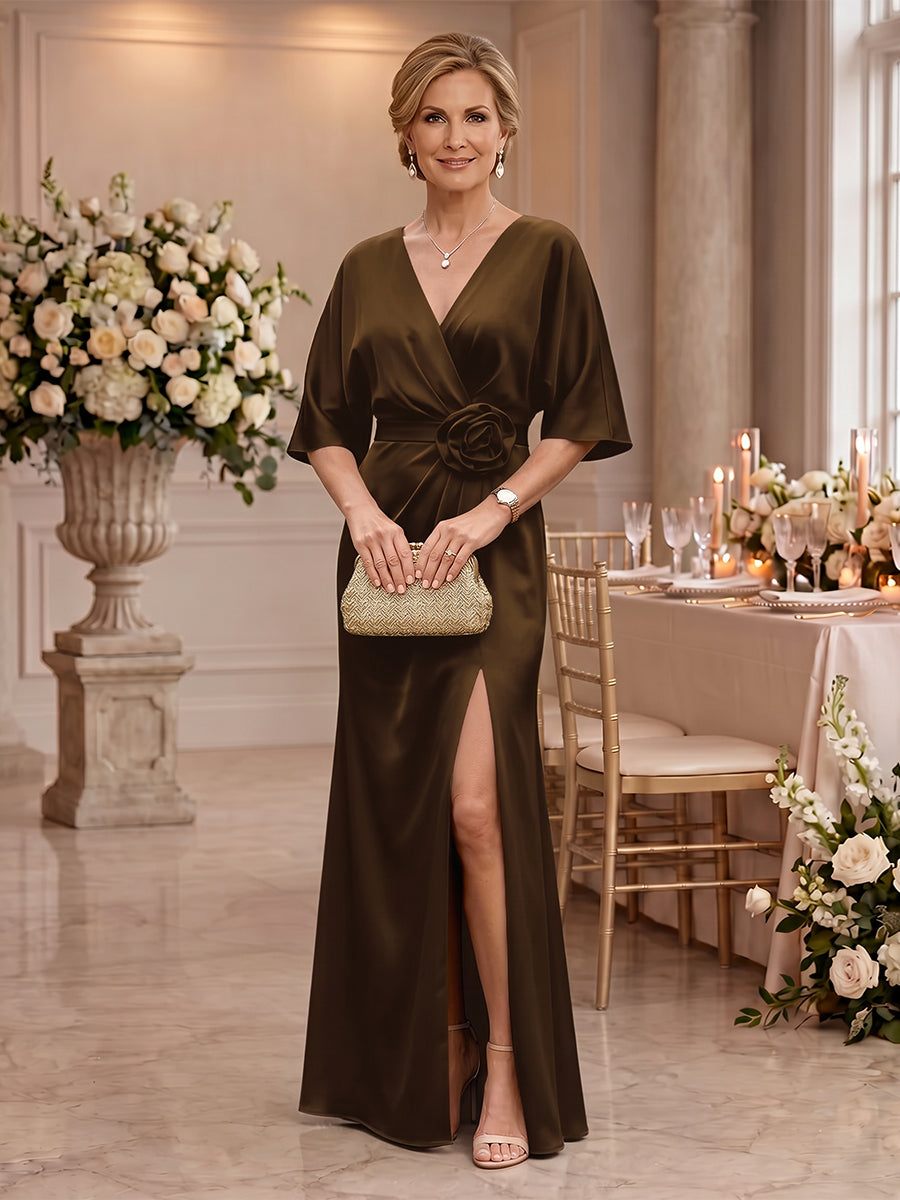 Short Sleeves Satin Mermaid Mother of the Bride/Groom Dresses with Slit V Neck 3D Flower Floor Length