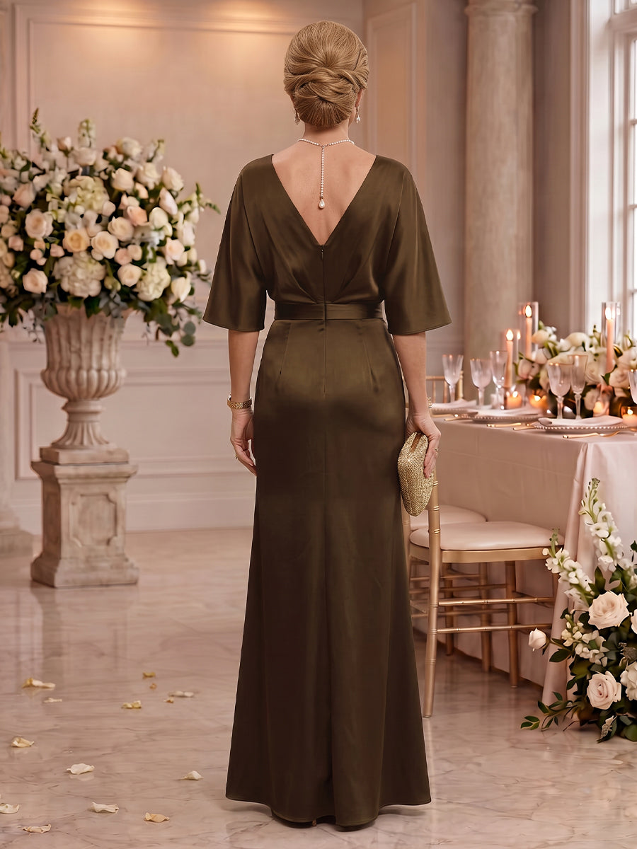 Short Sleeves Satin Mermaid Mother of the Bride/Groom Dresses with Slit V Neck 3D Flower Floor Length