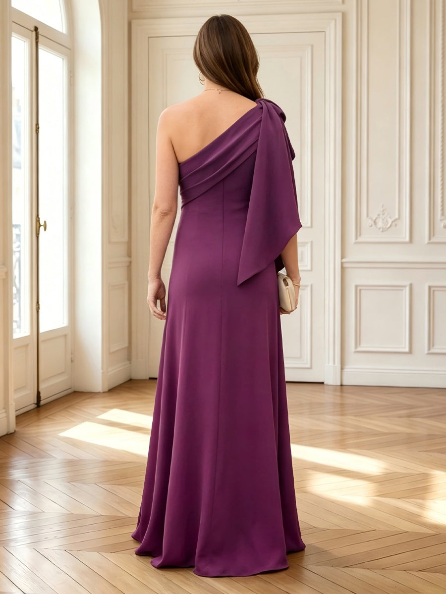 A Line One Shoulder Sleeveless Long Mother of the Bride Dresses with Bow
