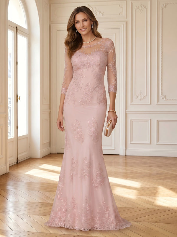 Mermaid Round Neck 3/4 Sleeves Long Mother of the Bride Dresses