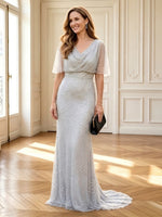 Mermaid Cowl Neck Short Sleeves Long Mother of the Bride Dresses