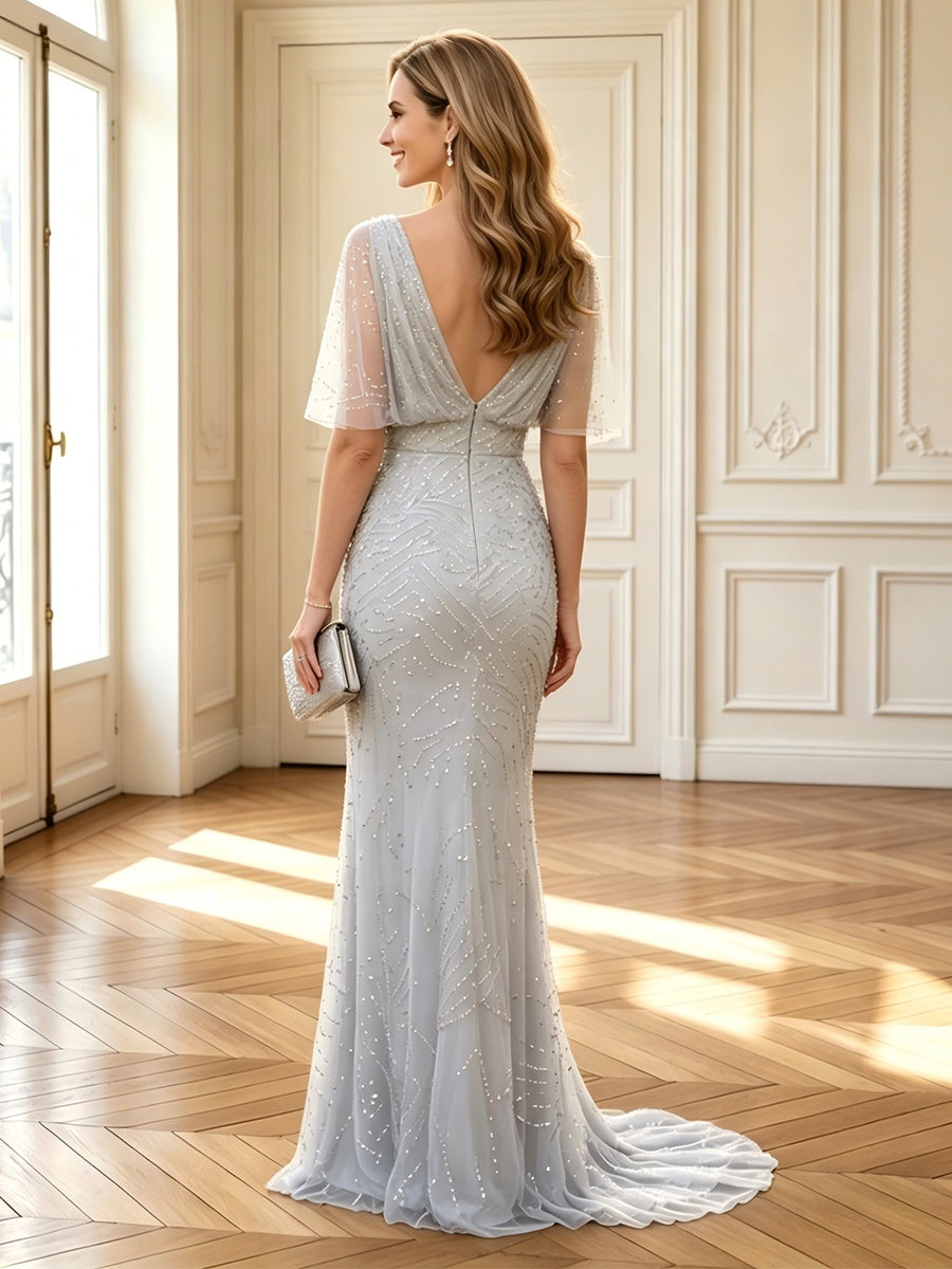 Mermaid Cowl Neck Short Sleeves Long Mother of the Bride Dresses