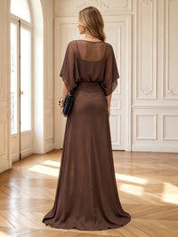 A Line Boat Neck Short Sleeves Long Mother of the Bride Dresses with Slit