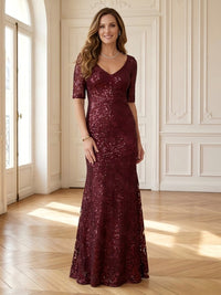 Sequin Mermaid V Neck Short Sleeves Long Mother of the Bride Dresses