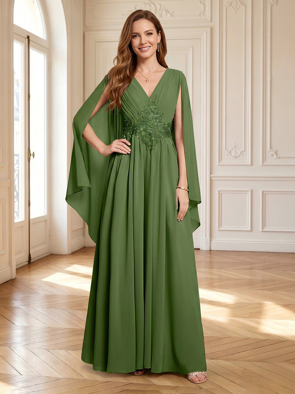 A Line Chiffon V Neck Sleeveless Long Mother of the Bride Dresses