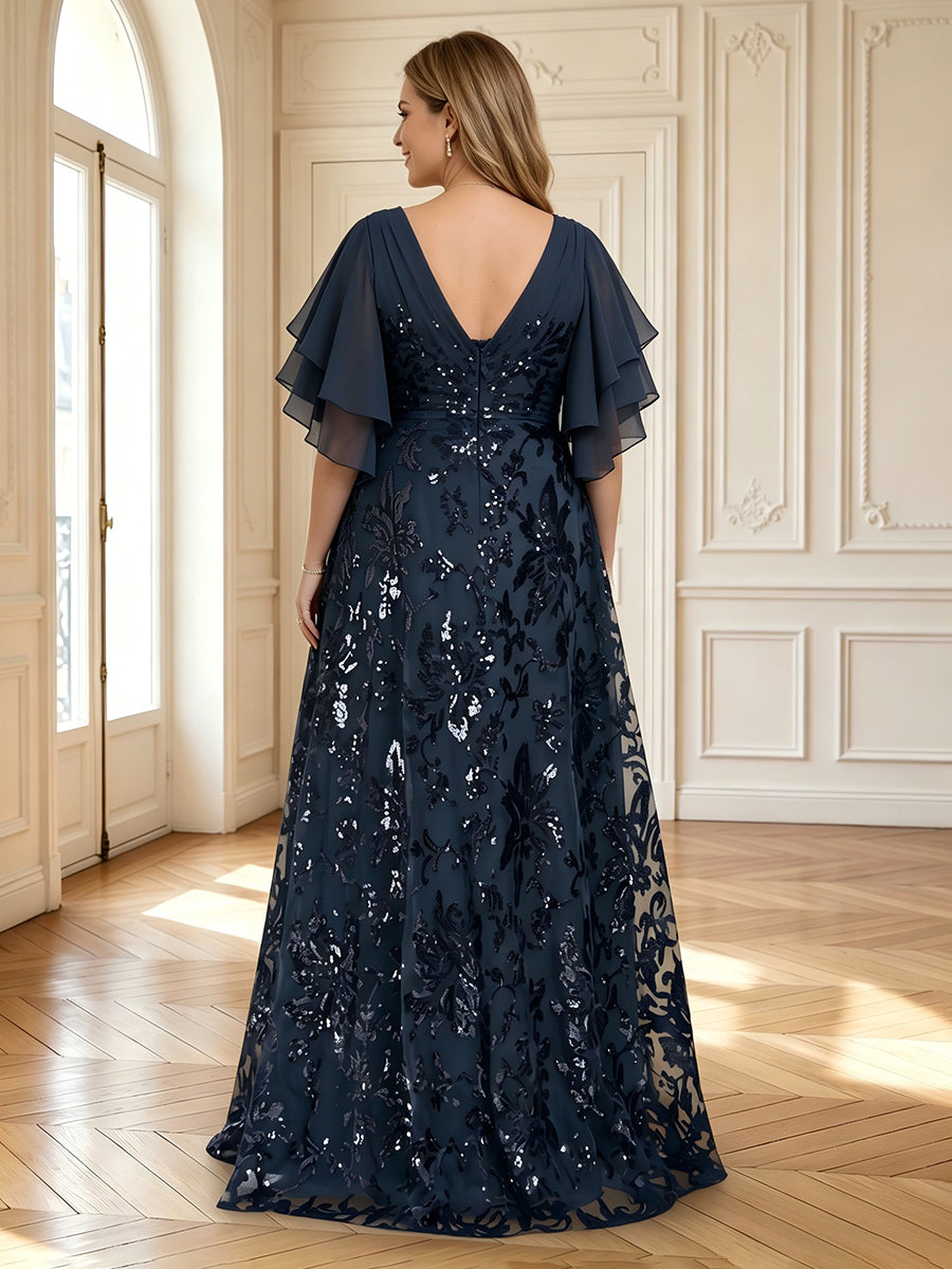 A Line V Neck Flutter Sleeves Long Mother of the Bride Dresses
