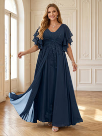 A Line Chiffon V Neck Flutter Sleeves Long Mother of the Bride Dresses