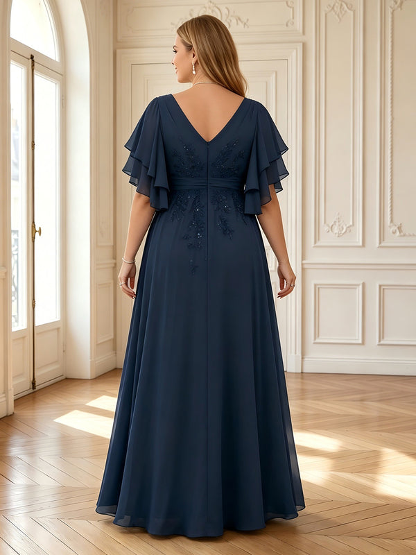 A Line Chiffon V Neck Flutter Sleeves Long Mother of the Bride Dresses