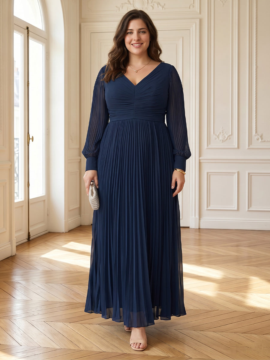 A Line V Neck Pleated Long Sleeves Mother of the Bride Dresses